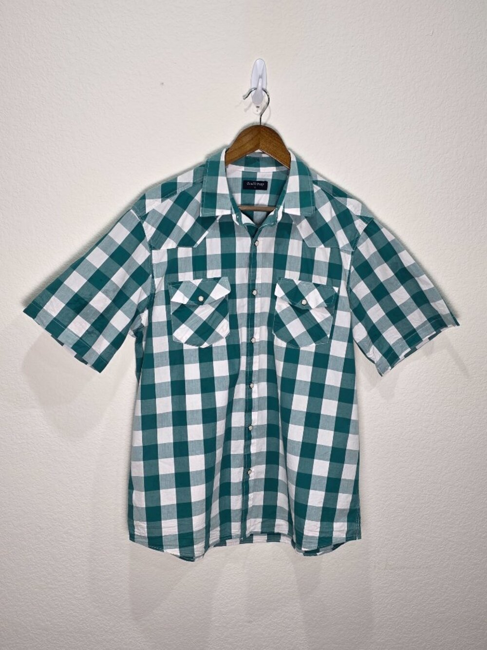 Double Pump Men’s Large Green White Gingham Plaid Pearl Snap Western Shirt